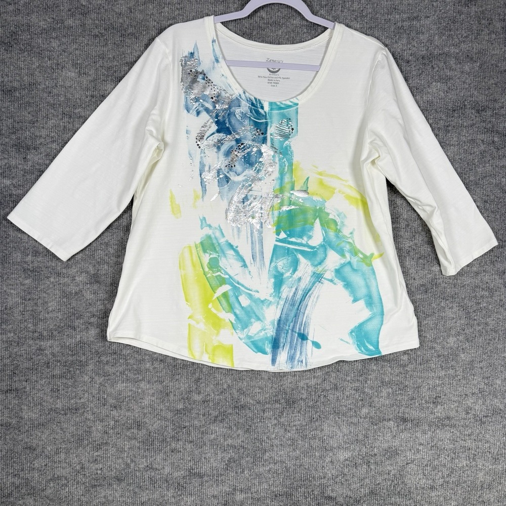 Chicos Zenergy Size-3 Womens Ecru Foil Graphic Pima Cotton Blouse Top